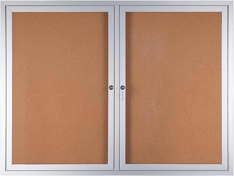 Bi-Office double door cork display board with enclosed notice area, measuring 915x1220mm, for office or classroom use.