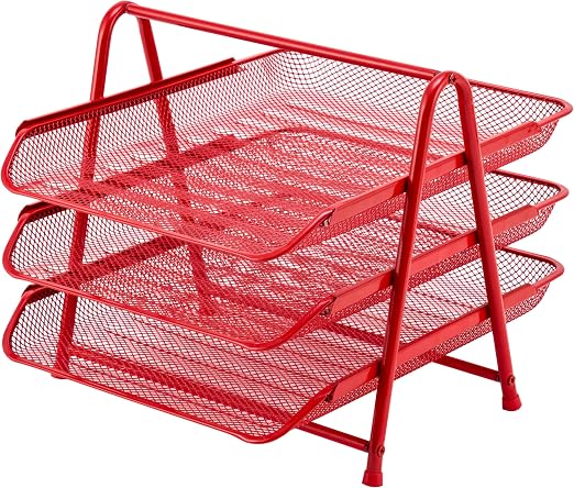 Red 3-Tier Wire Mesh Document Tray