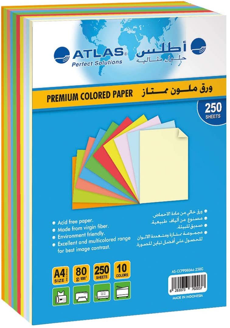 Atlas A4 Size Premium Colored Papers Multicolor 80gm - Al Masam Stationery LLC Main image