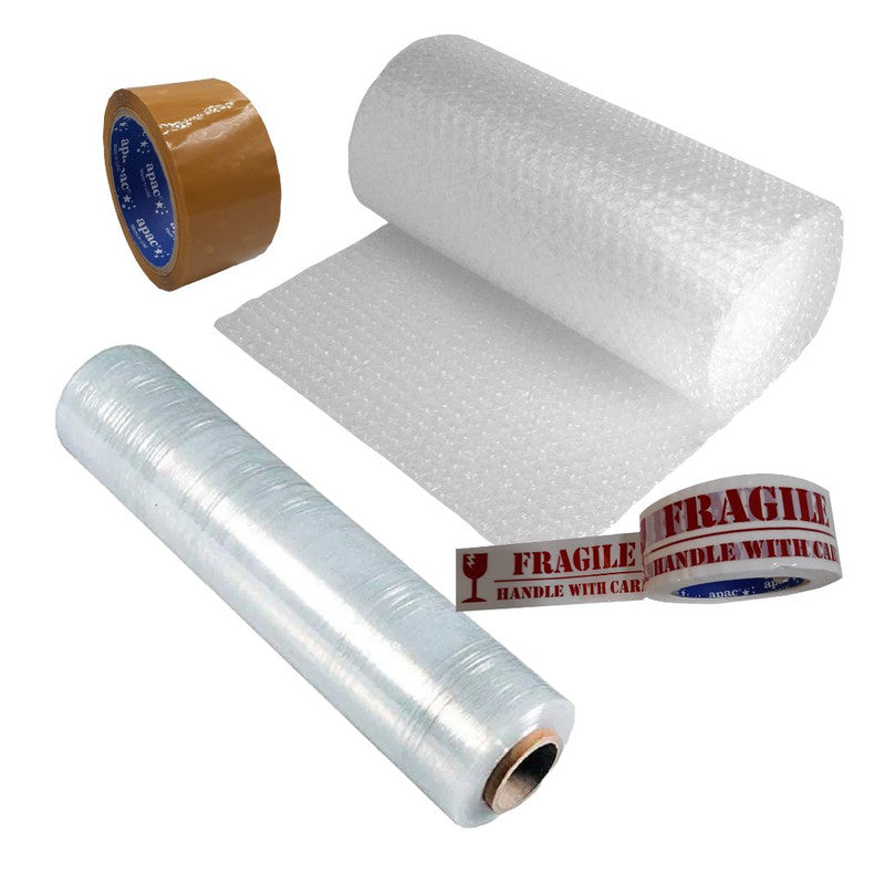 Apac All in One Packaging Kit With 1 x Stretch Rilm, 1 x Bubble Roll, 1 x Brown Packaging Tape, 1 x Fragile Handle With Care Tape| Main image