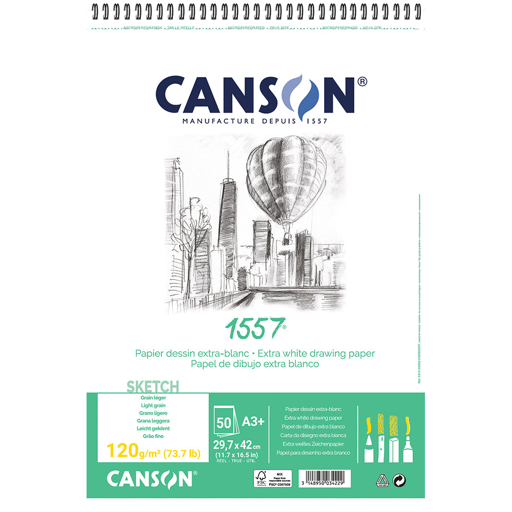 Canson 1557 Spiral Sketch Pad A3 120gsm 50 Sheets White Drawing Paper