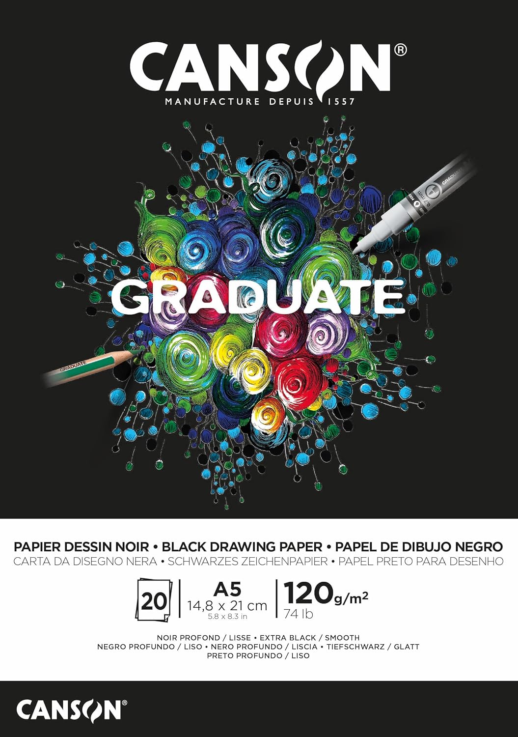 Canson Graduate Black Drawing Pad A5 120gsm 20 Sheets