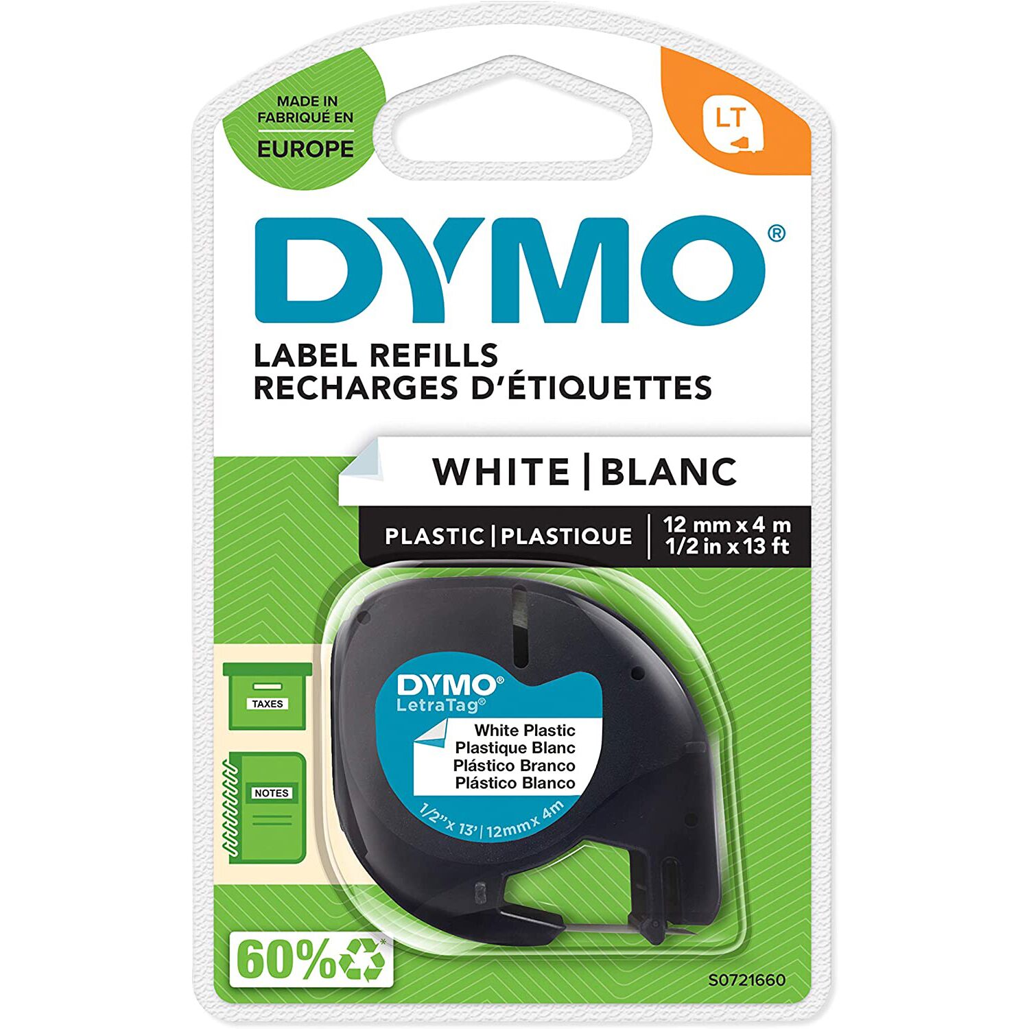 Dymo Letratag Plastic Tape, Self-adhesive, 12 Mm X 4 M Roll, Black Print On White - (DYS0721660) Main image