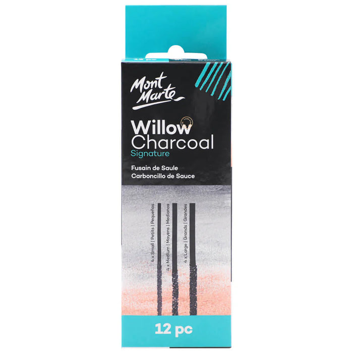 Mont Marte Willow Charcoal packaging with black, blue, and white design on a white background