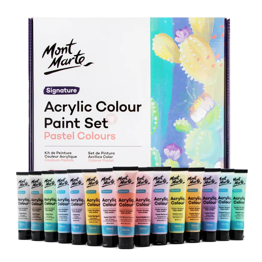 Mont Marte Pastel Acrylic Paint Set 36pc x 36ml for Canvas, Crafts & Soft Colour Artwork Main image
