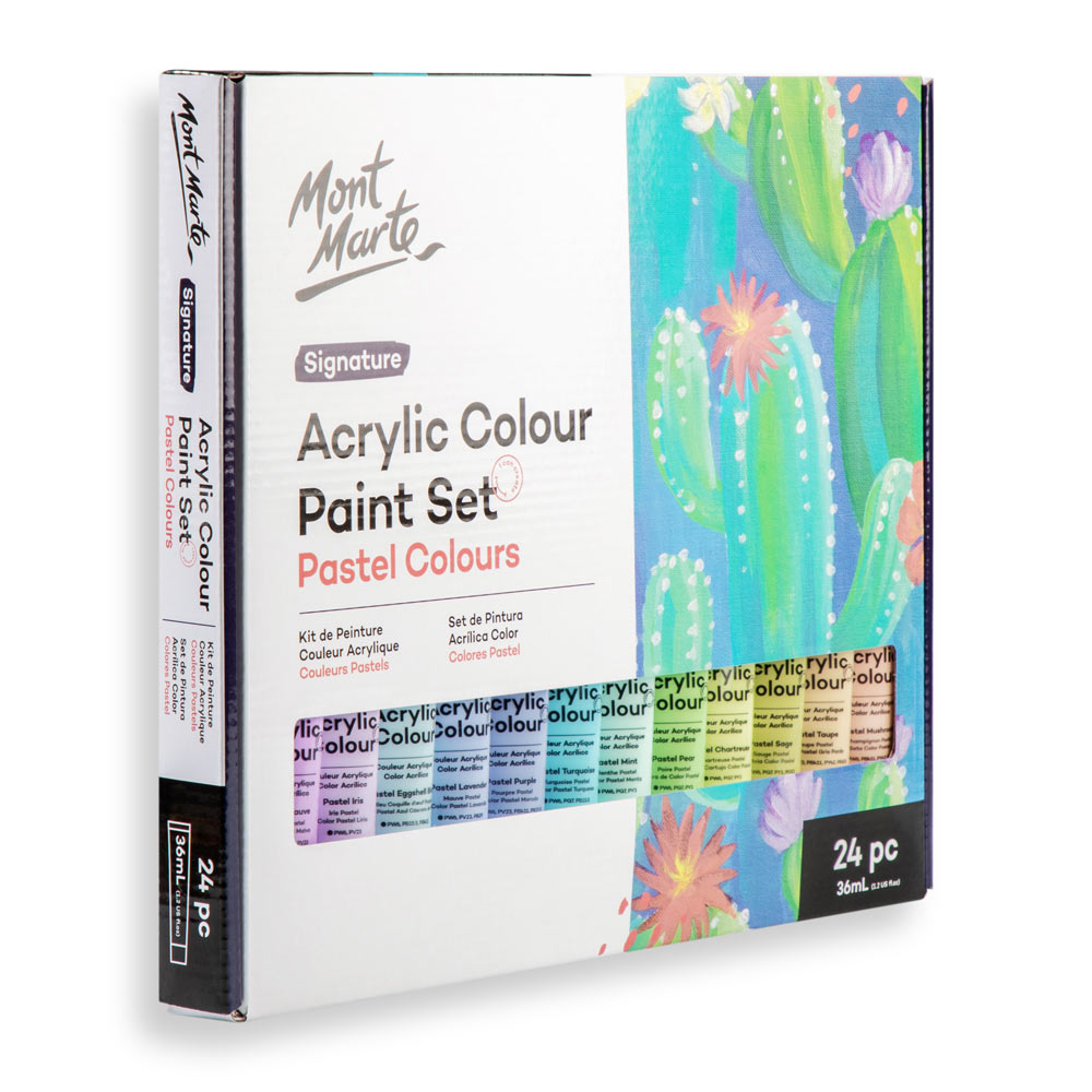 Mont Marte Pastel Acrylic Paint Set 24pc x 36ml for Canvas, Crafts & Soft Colour Artwork