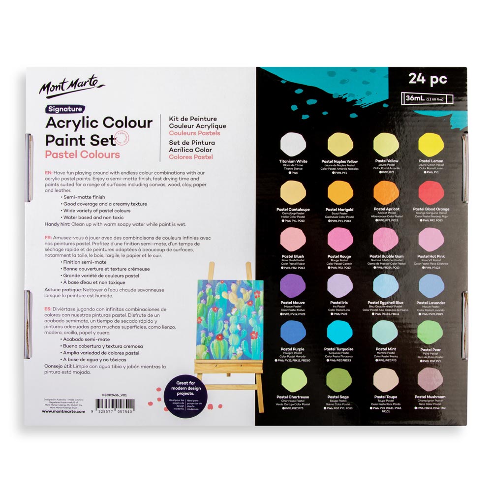 Mont Marte Pastel Acrylic Paint Set 24pc x 36ml for Canvas, Crafts & Soft Colour Artwork