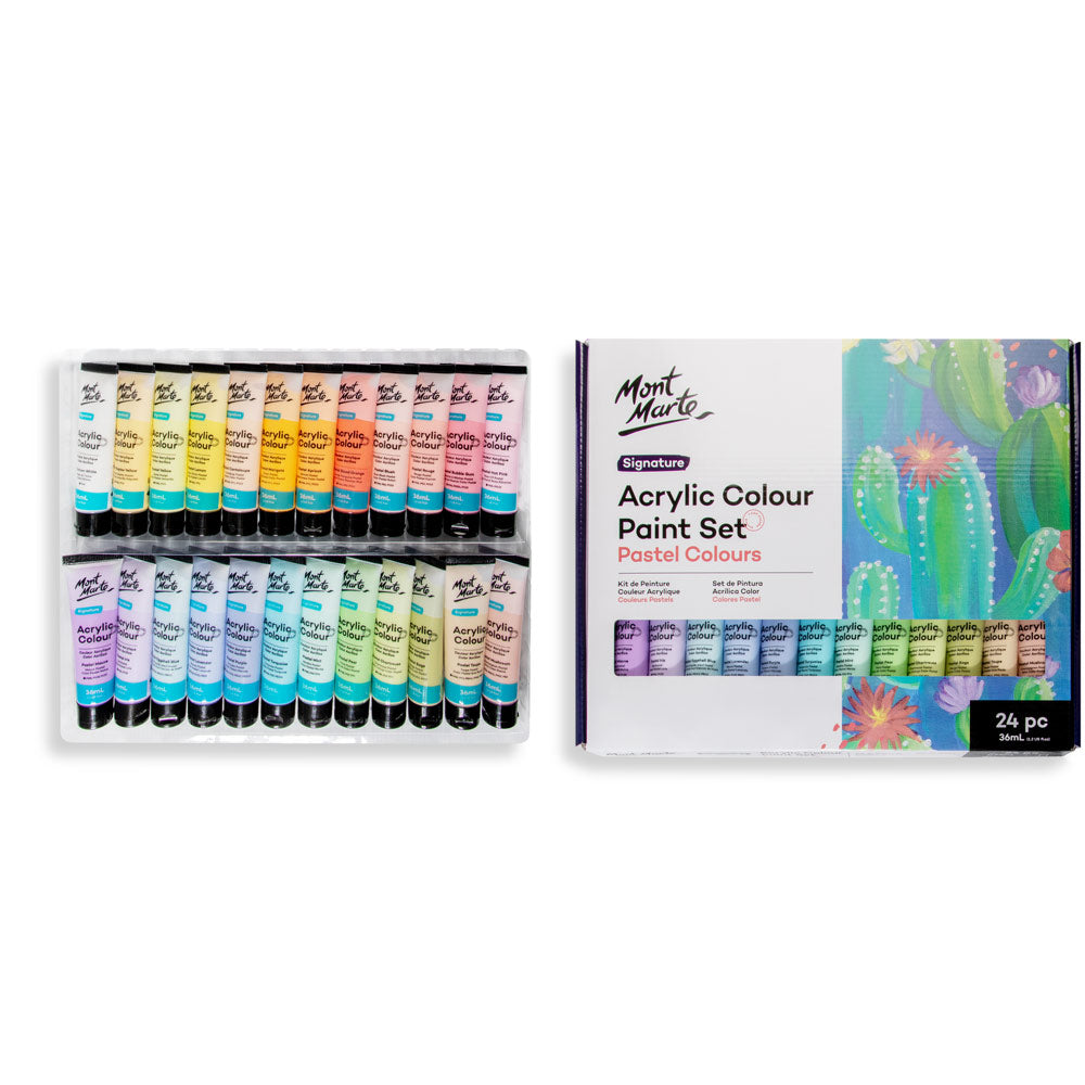Mont Marte Pastel Acrylic Paint Set 24pc x 36ml for Canvas, Crafts & Soft Colour Artwork