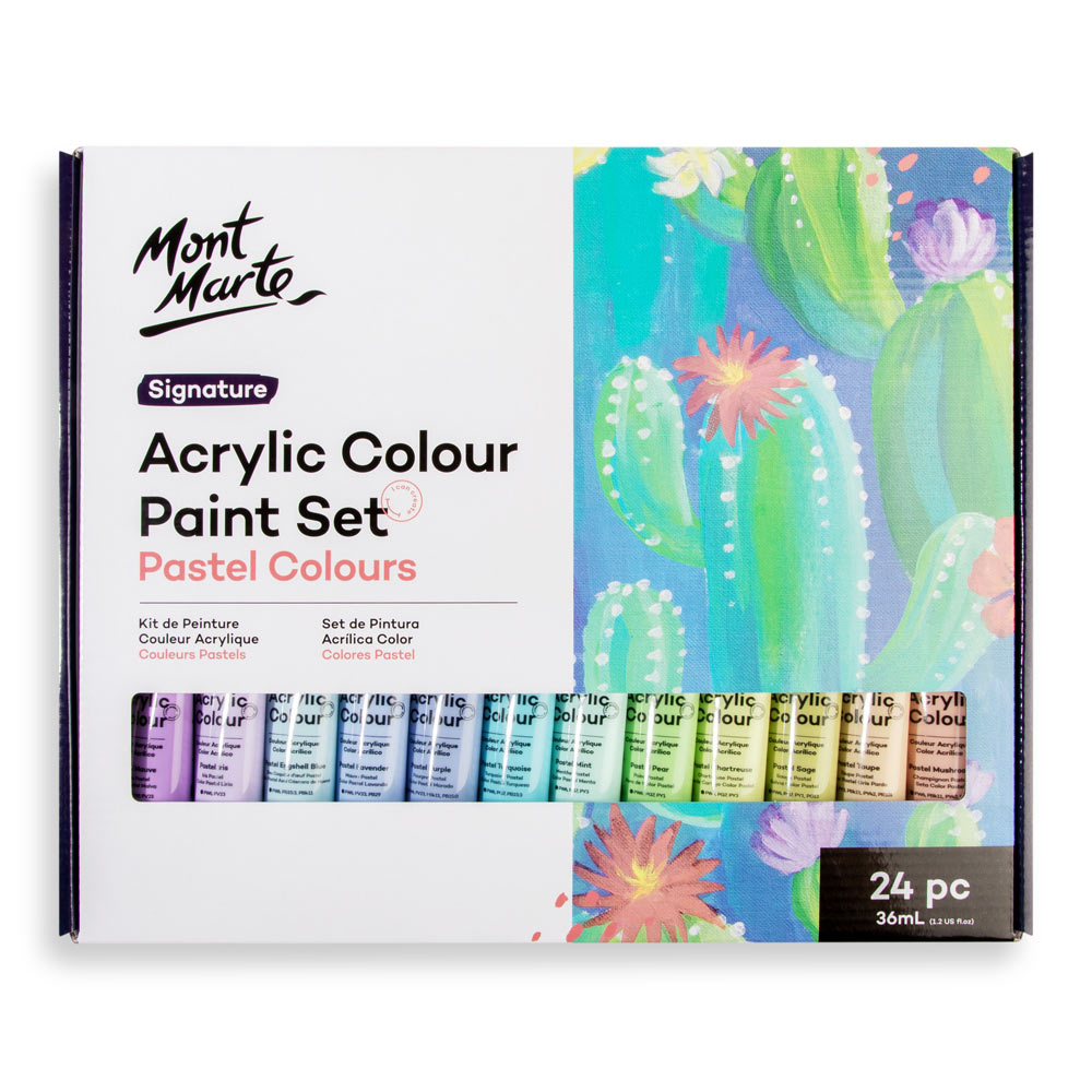 Mont Marte Pastel Acrylic Paint Set 24pc x 36ml for Canvas, Crafts & Soft Colour Artwork