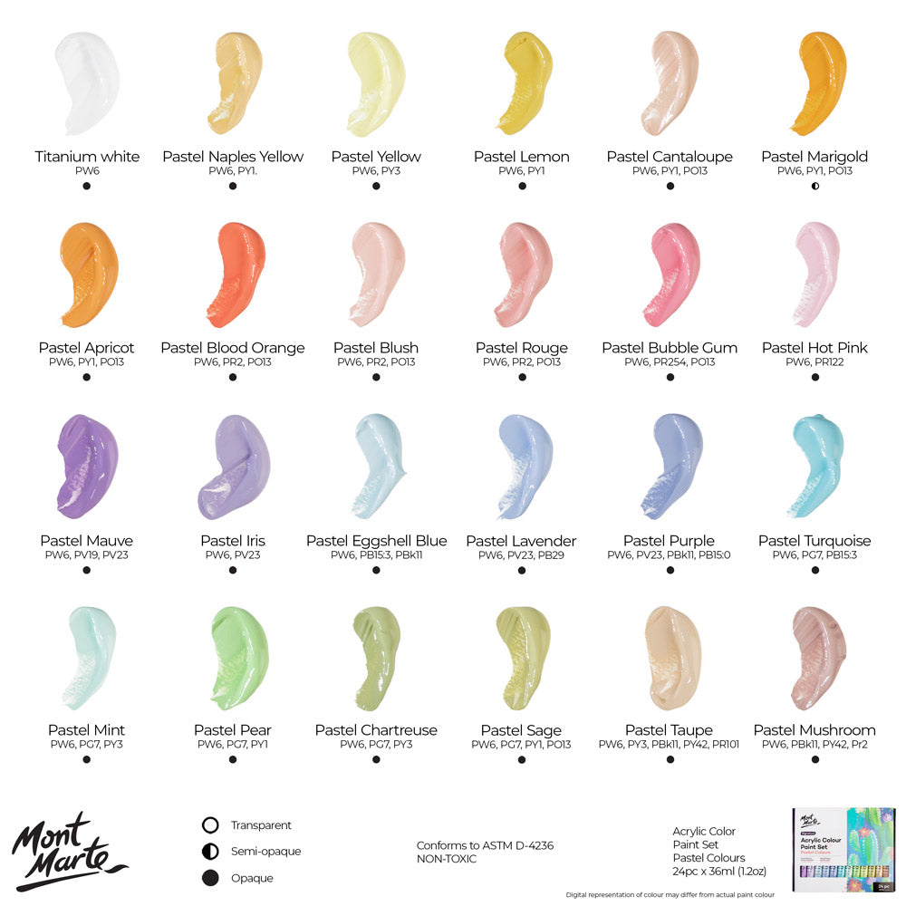 Mont Marte Pastel Acrylic Paint Set 24pc x 36ml for Canvas, Crafts & Soft Colour Artwork