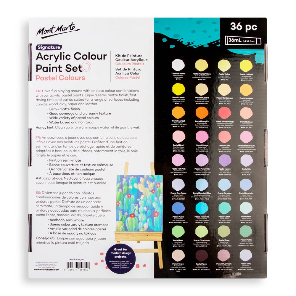 Mont Marte Pastel Acrylic Paint Set 36pc x 36ml for Canvas, Crafts & Soft Colour Artwork