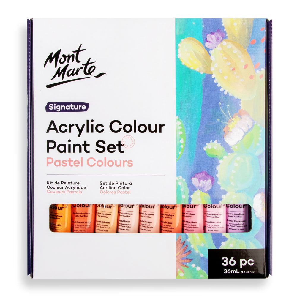 Mont Marte Pastel Acrylic Paint Set 36pc x 36ml for Canvas, Crafts & Soft Colour Artwork