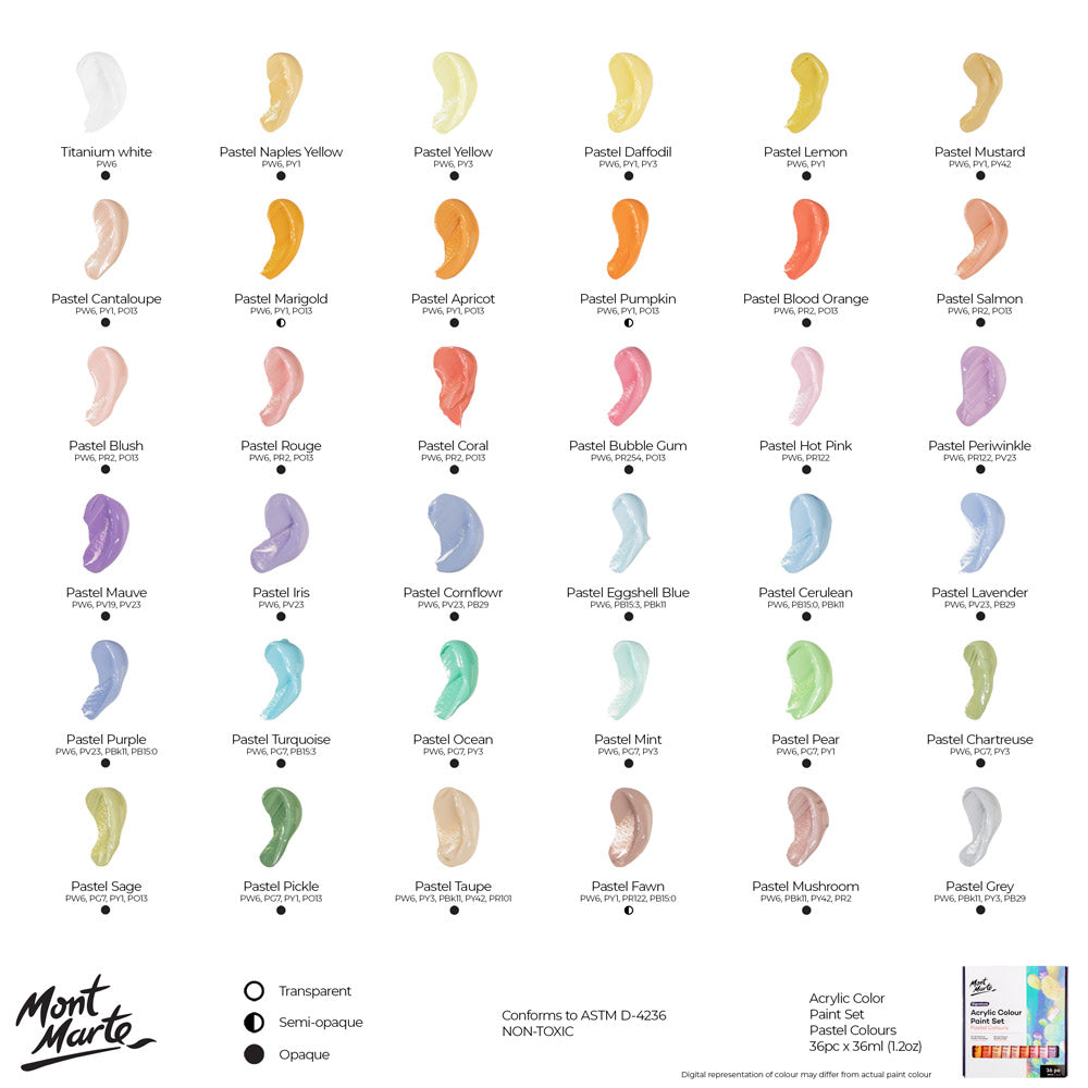 Mont Marte Pastel Acrylic Paint Set 36pc x 36ml for Canvas, Crafts & Soft Colour Artwork