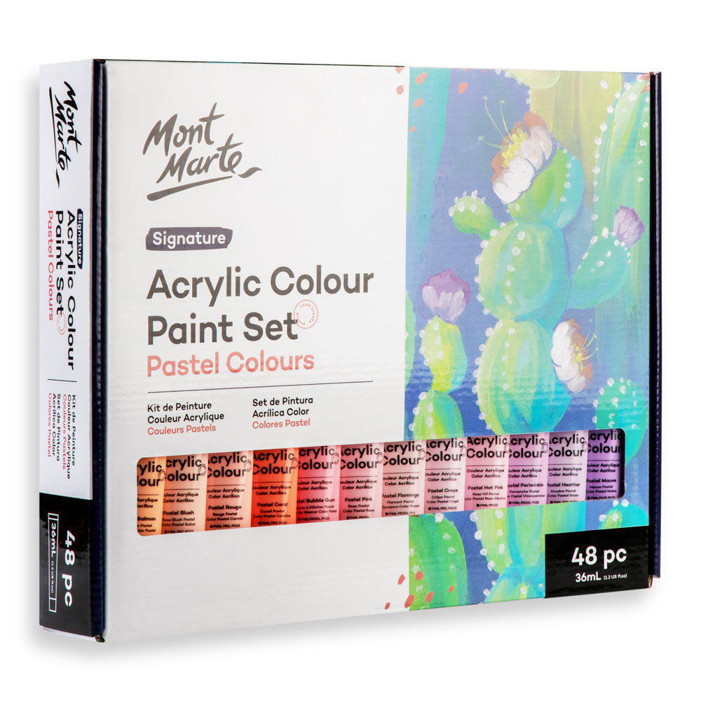Mont Marte Pastel Acrylic Paint Set 48pc x 36ml for Canvas, Crafts & Soft Colour Artwork