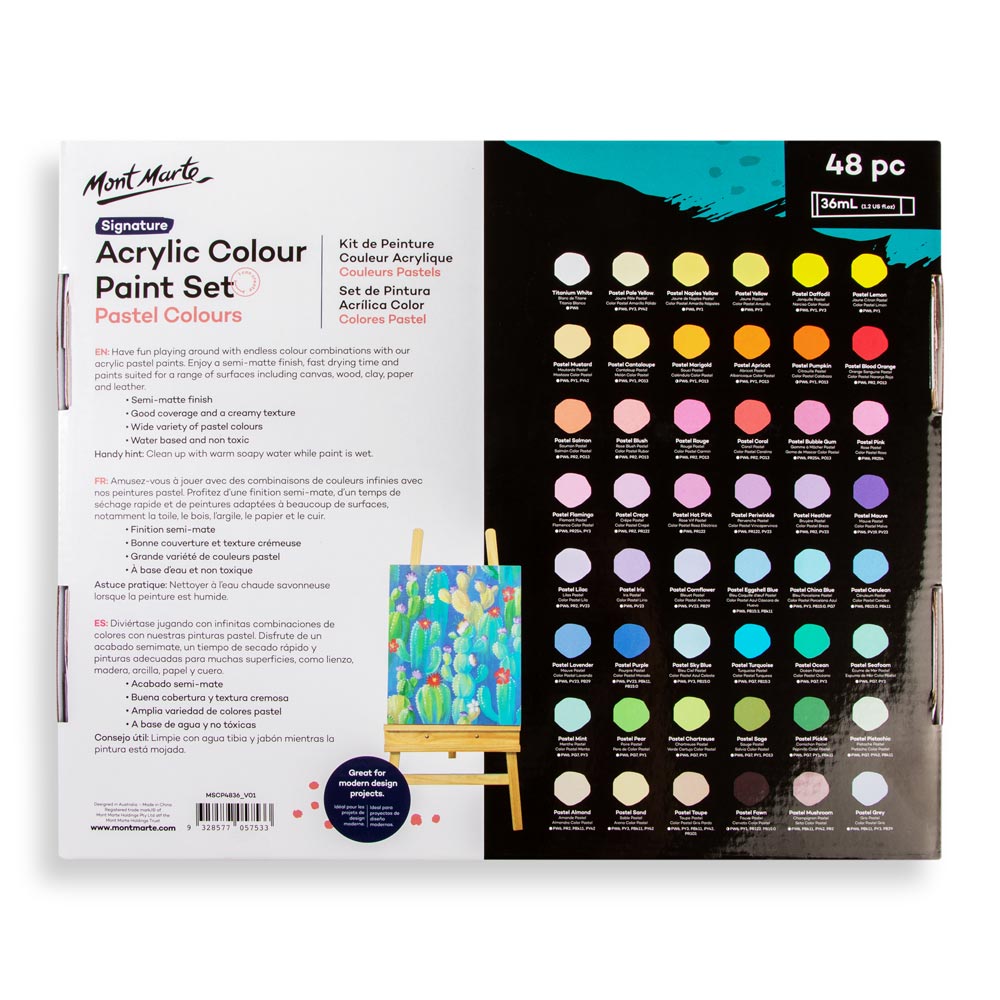 Mont Marte Pastel Acrylic Paint Set 48pc x 36ml for Canvas, Crafts & Soft Colour Artwork
