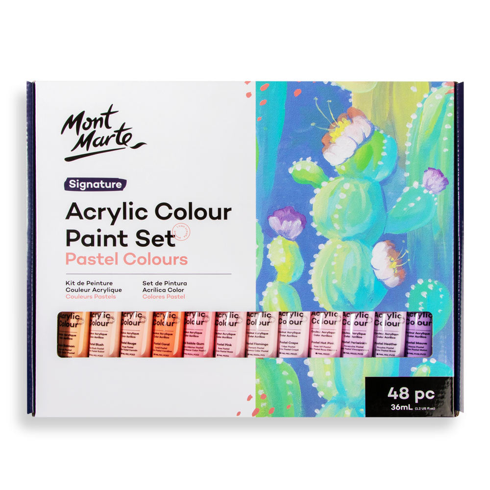 Mont Marte Pastel Acrylic Paint Set 48pc x 36ml for Canvas, Crafts & Soft Colour Artwork