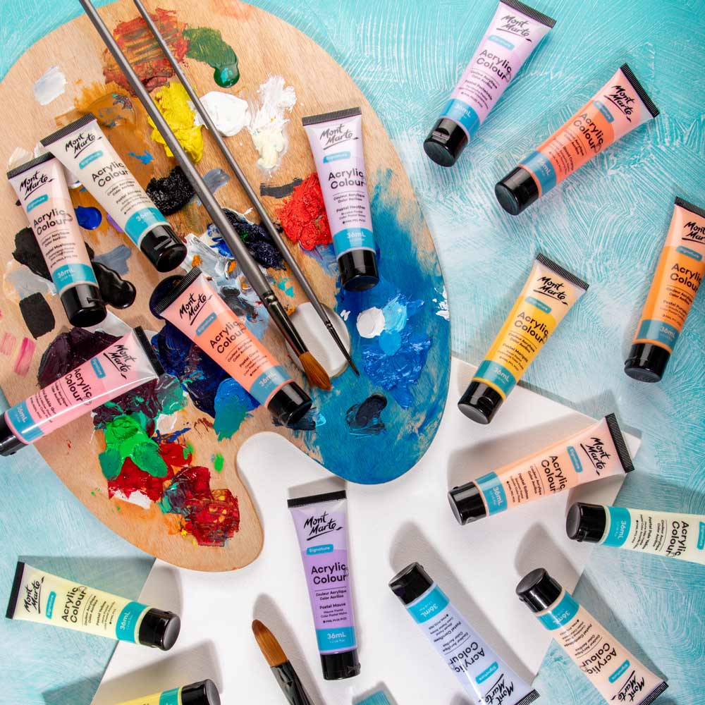 Mont Marte Pastel Acrylic Paint Set 36pc x 36ml for Canvas, Crafts & Soft Colour Artwork