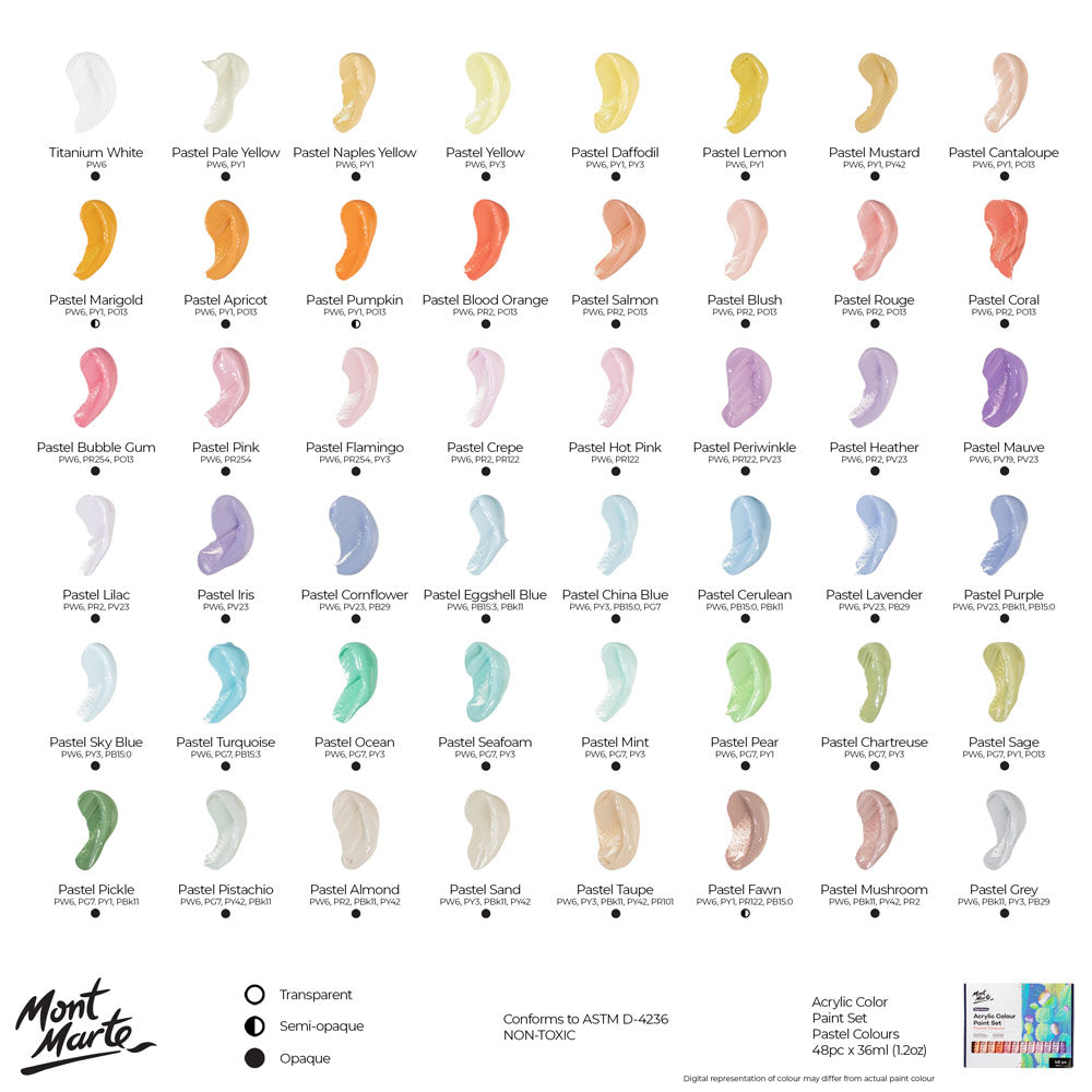 Mont Marte Pastel Acrylic Paint Set 48pc x 36ml for Canvas, Crafts & Soft Colour Artwork