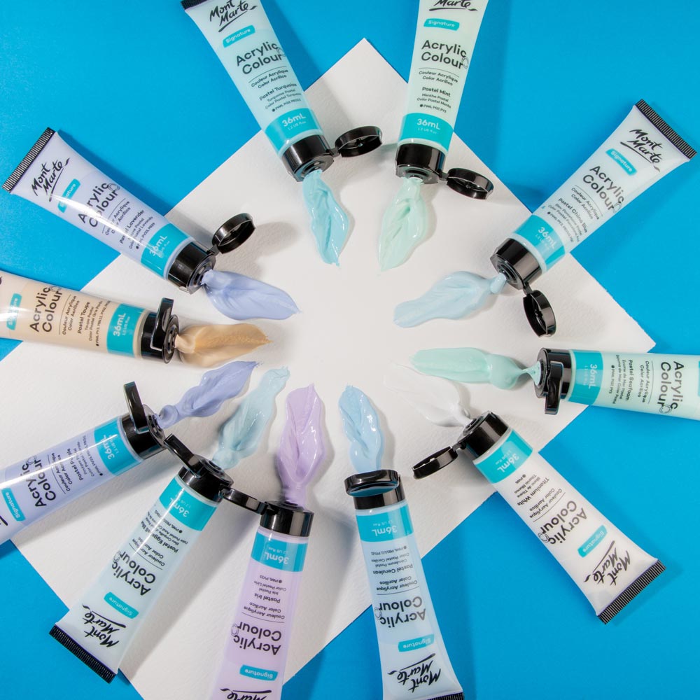 Mont Marte Pastel Acrylic Paint Set 36pc x 36ml for Canvas, Crafts & Soft Colour Artwork