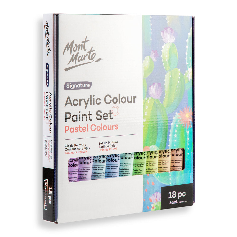 Mont Marte Pastel Acrylic Paint Set 18pc x 36ml for Canvas, Crafts & Soft Colour Artwork