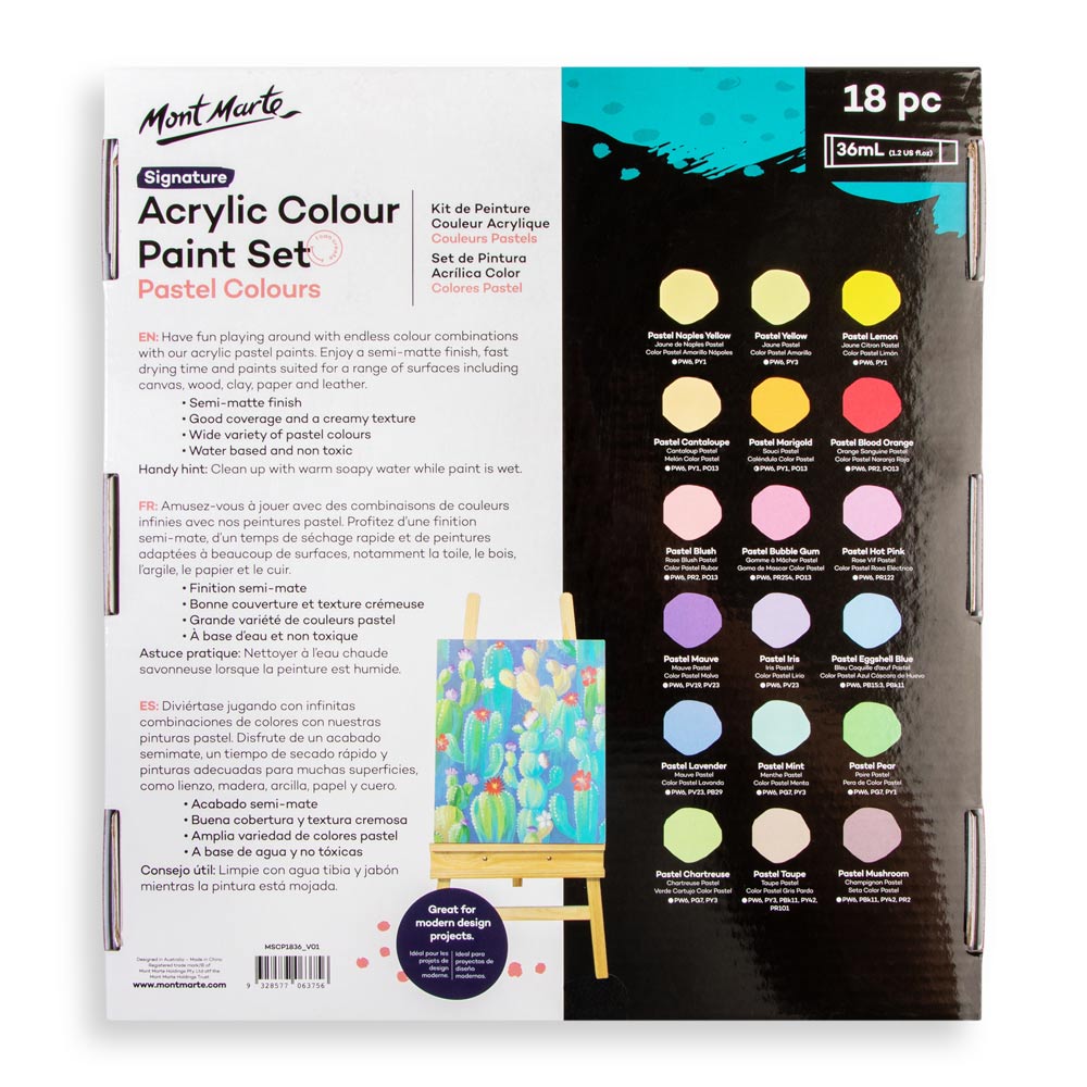 Mont Marte Pastel Acrylic Paint Set 18pc x 36ml for Canvas, Crafts & Soft Colour Artwork