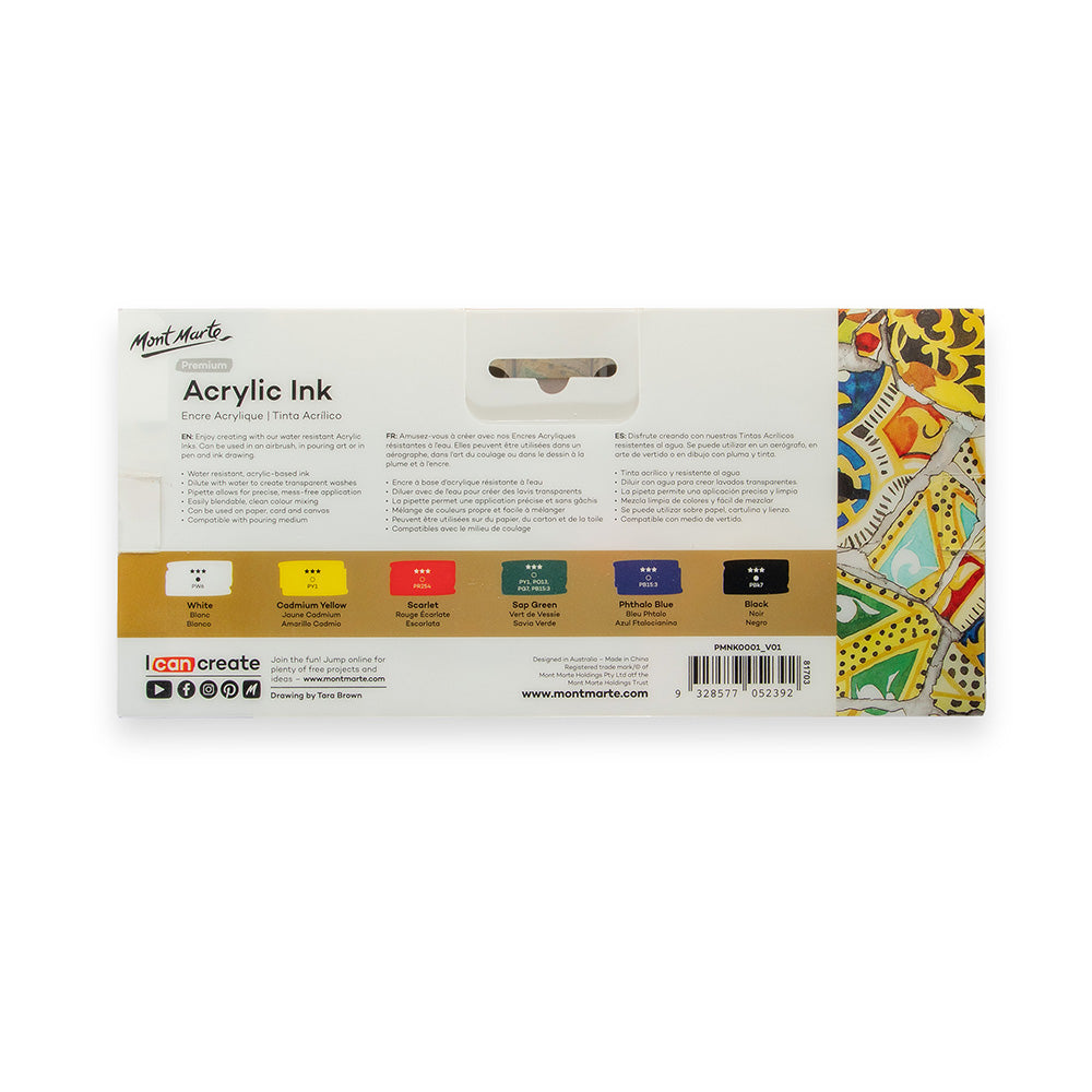 Mont Marte Acrylic Ink Set 6pc x 20ml for Pouring, Illustration & Mixed Media Art