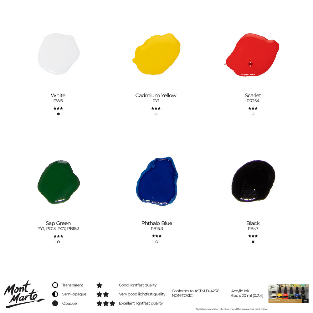 Mont Marte Acrylic Ink Set 6pc x 20ml for Pouring, Illustration & Mixed Media Art