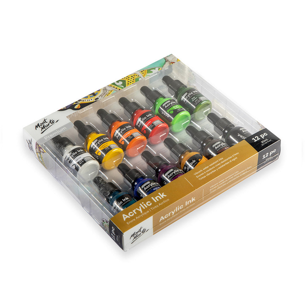 Mont Marte Acrylic Ink Set 12pc x 20ml for Pouring, Illustration & Mixed Media Art