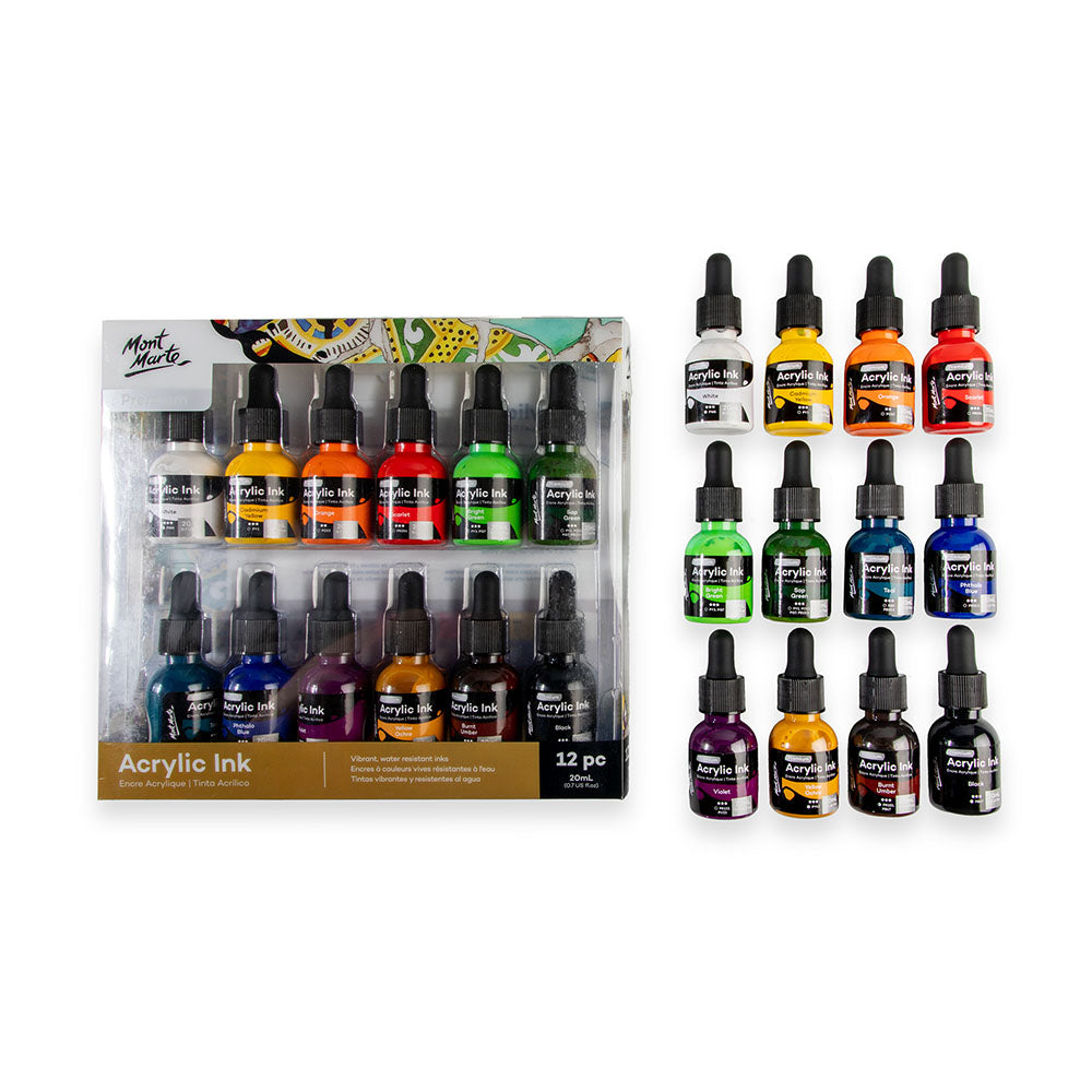Mont Marte Acrylic Ink Set 12pc x 20ml for Pouring, Illustration & Mixed Media Art