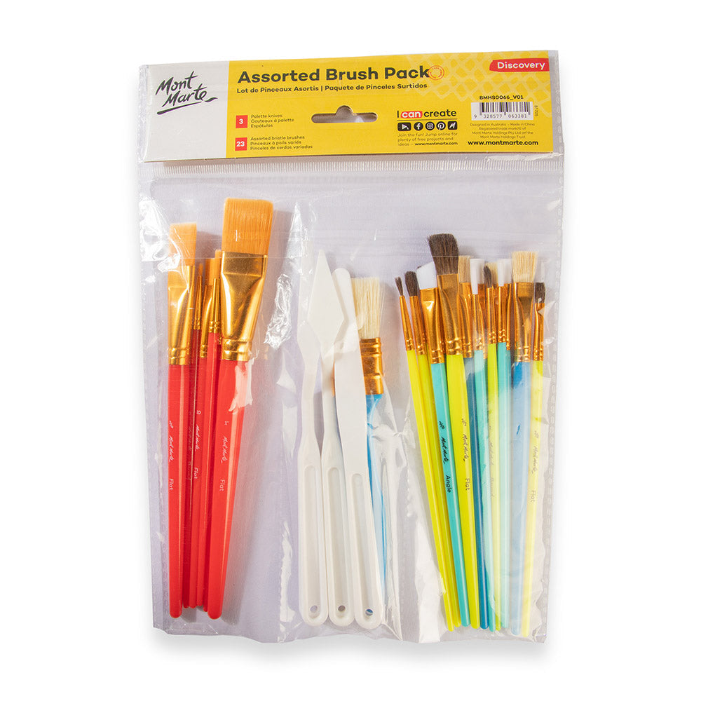 Mont Marte Assorted Paint Brush Pack 26pc for Classroom, Craft & Studio Use