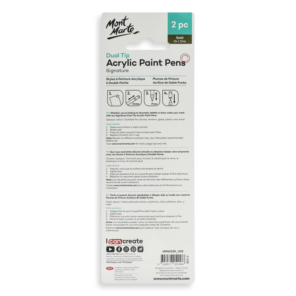 Mont Marte Dual Tip Acrylic Paint Pens Gold 2pc for Canvas, Rock Art & Crafts