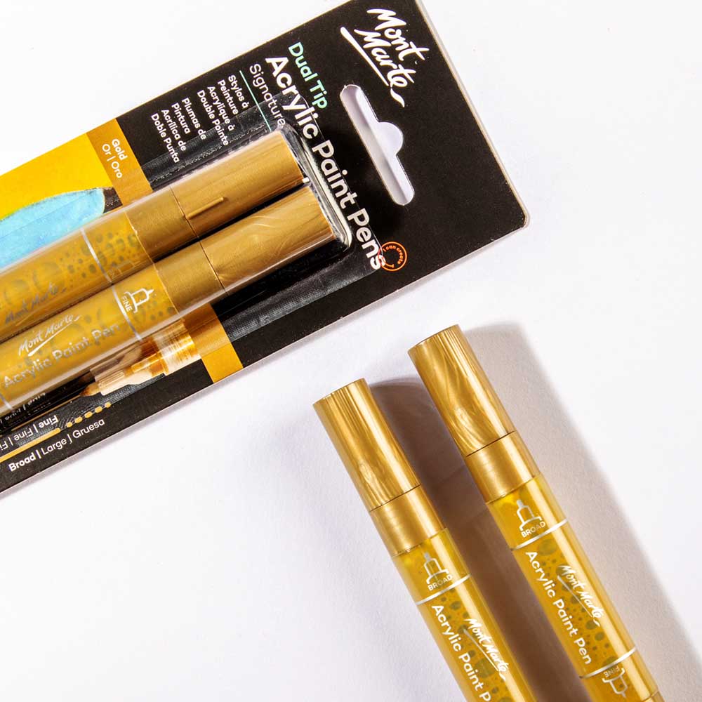 Mont Marte Dual Tip Acrylic Paint Pens Gold 2pc for Canvas, Rock Art & Crafts