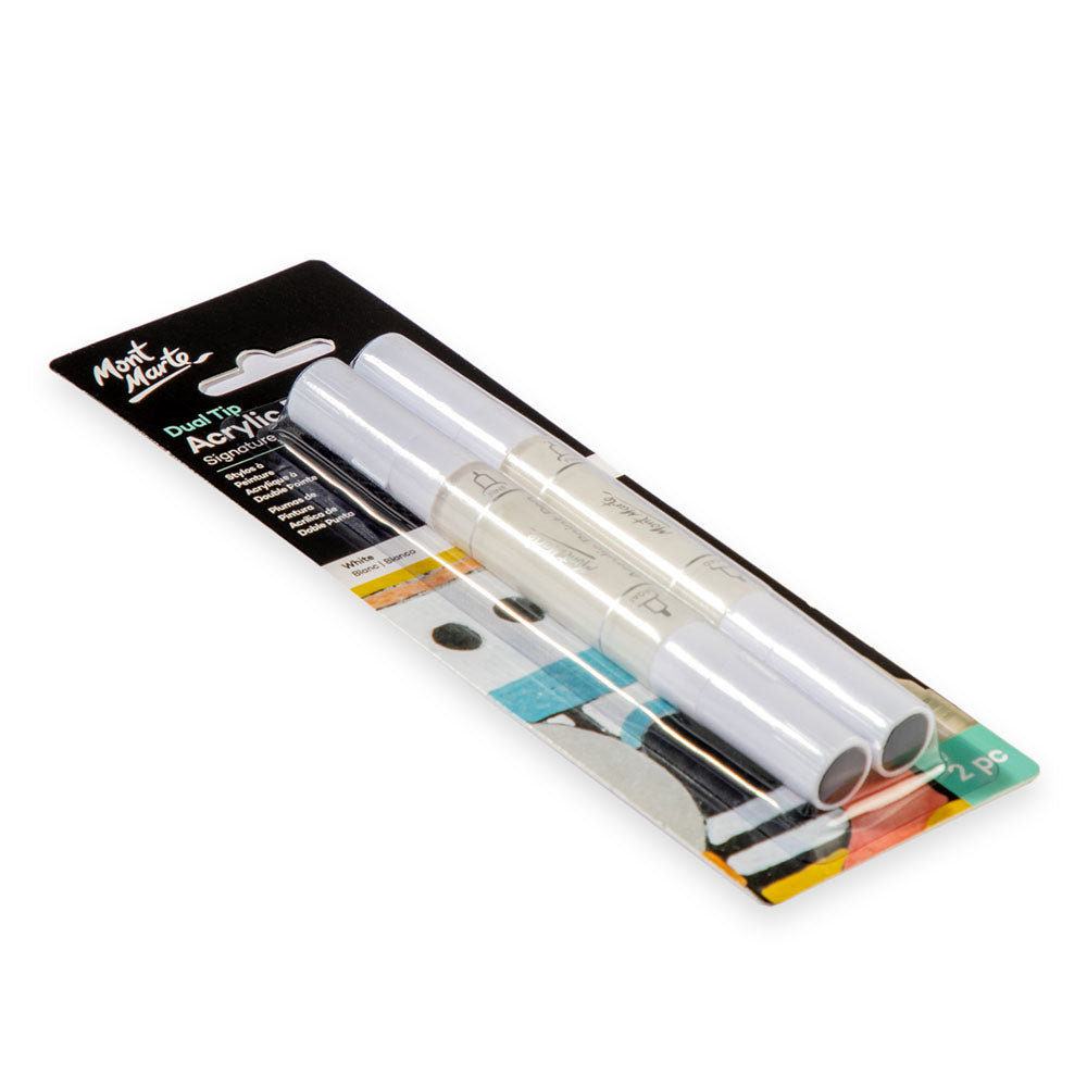 Mont Marte Dual Tip Acrylic Paint Pens White 2pc for Canvas, Rock Art & Crafts