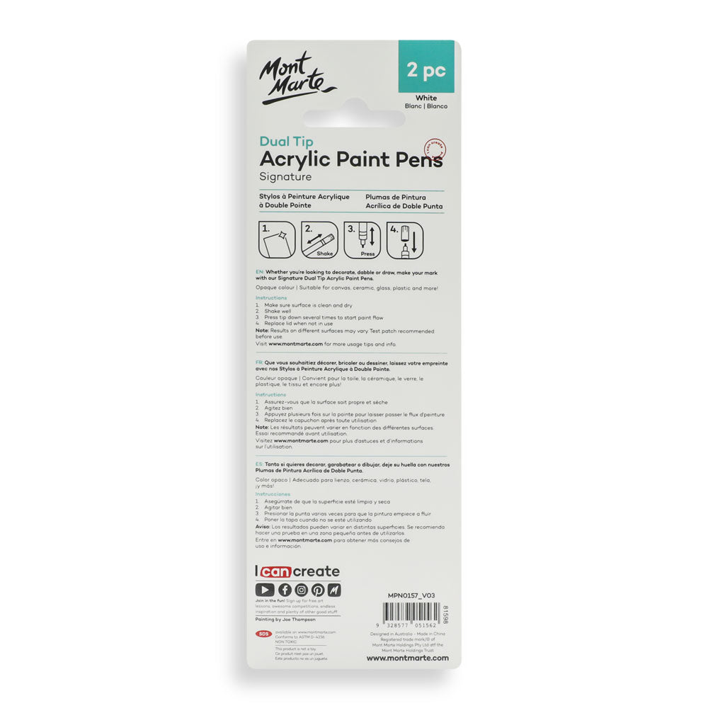Mont Marte Dual Tip Acrylic Paint Pens White 2pc for Canvas, Rock Art & Crafts