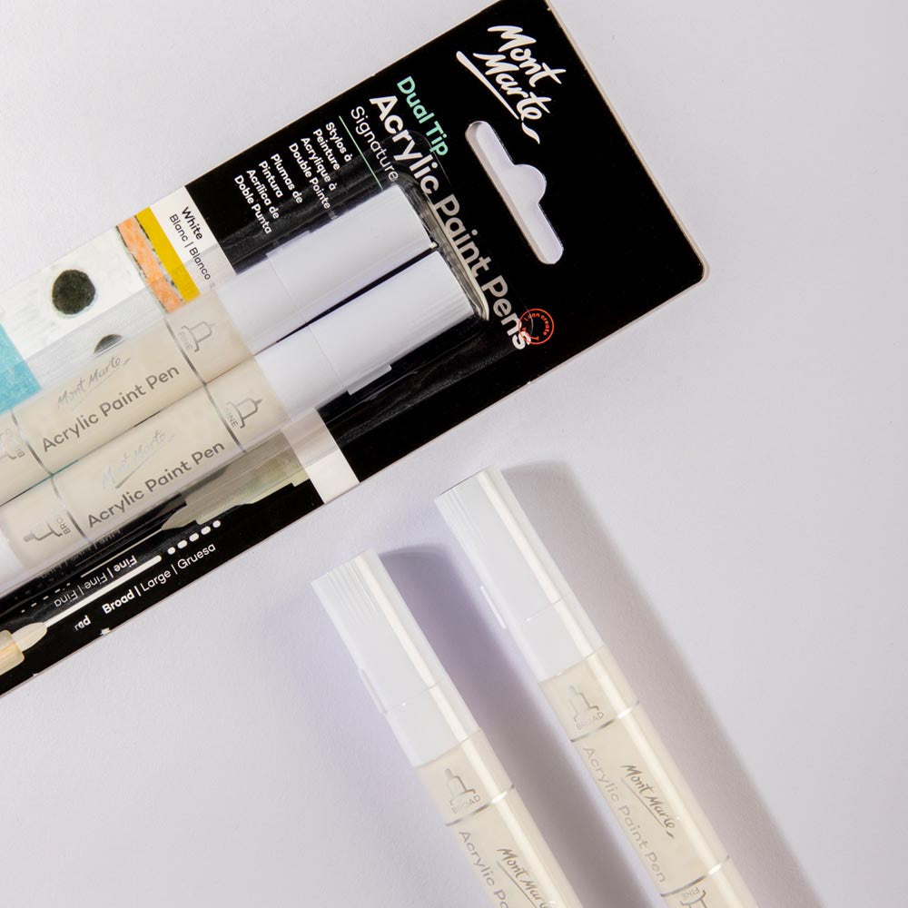 Mont Marte Dual Tip Acrylic Paint Pens White 2pc for Canvas, Rock Art & Crafts