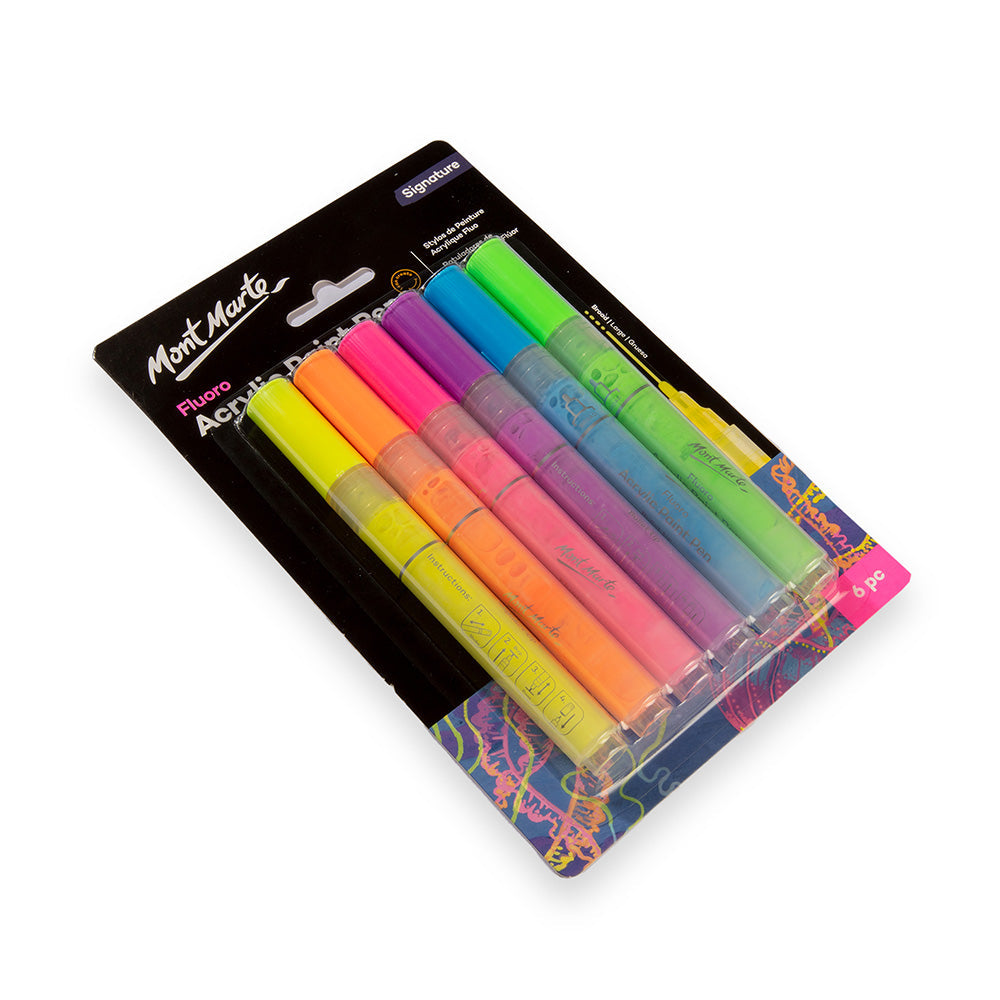 Mont Marte Fluoro Acrylic Paint Pens Broad Tip 6pc for Posters, Signs & Craft Art