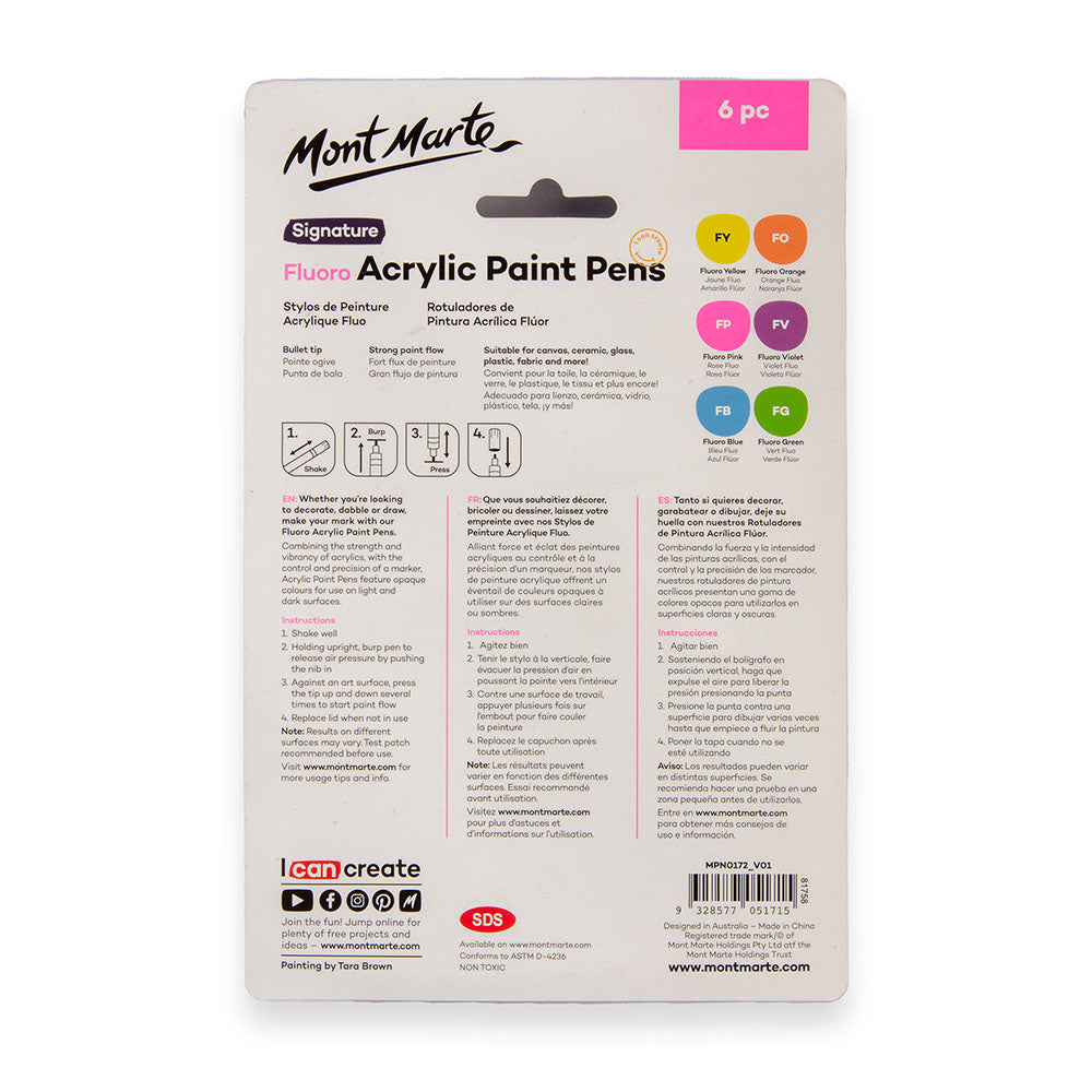 Mont Marte Fluoro Acrylic Paint Pens Broad Tip 6pc for Posters, Signs & Craft Art