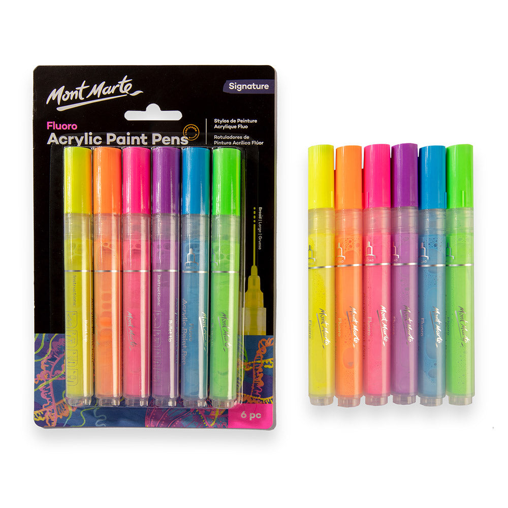 Mont Marte Fluoro Acrylic Paint Pens Broad Tip 6pc for Posters, Signs & Craft Art