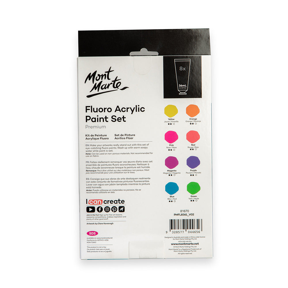 Mont Marte Fluorescent Acrylic Paint Set 8pc x 36ml - Al Masam Stationery LLC - art & craft - art & craft