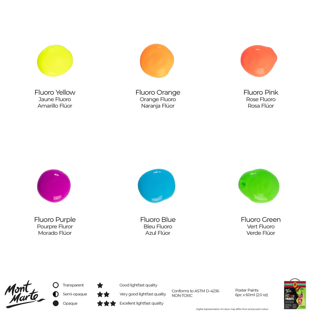 Mont Marte Fluoro Poster Paint Set 6pc x 60ml for Bright Posters, Signs & School Art