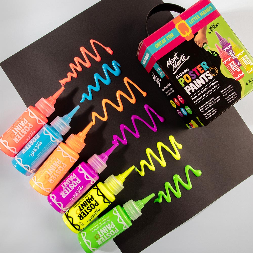 Mont Marte Fluoro Poster Paint Set 6pc x 60ml for Bright Posters, Signs & School Art