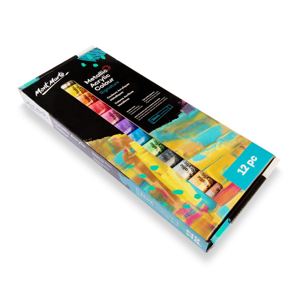 Mont Marte Metallic Acrylic Paint Set 12pc x 36ml for Canvas, Craft & Decorative Art