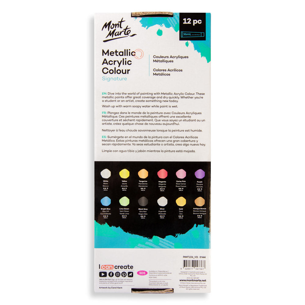 Mont Marte Metallic Acrylic Paint Set 12pc x 36ml for Canvas, Craft & Decorative Art