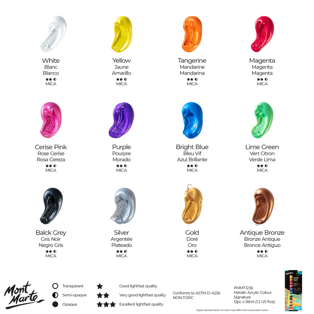 Mont Marte Metallic Acrylic Paint Set 12pc x 36ml for Canvas, Craft & Decorative Art