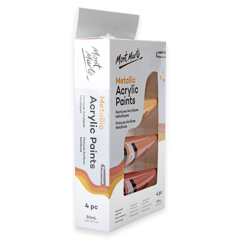 Mont Marte Metallic Acrylic Paint Set 4pc x 50ml for Canvas, Craft & Decorative Art