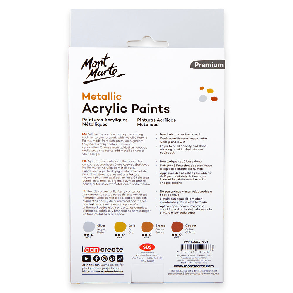 Mont Marte Metallic Acrylic Paint Set 4pc x 50ml for Canvas, Craft & Decorative Art