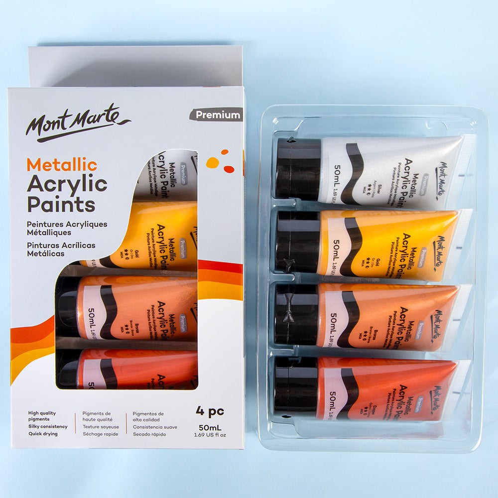 Mont Marte Metallic Acrylic Paint Set 4pc x 50ml for Canvas, Craft & Decorative Art