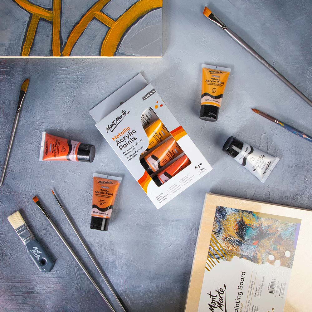 Mont Marte Metallic Acrylic Paint Set 4pc x 50ml for Canvas, Craft & Decorative Art