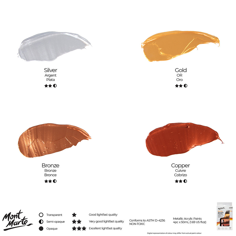 Mont Marte Metallic Acrylic Paint Set 4pc x 50ml for Canvas, Craft & Decorative Art
