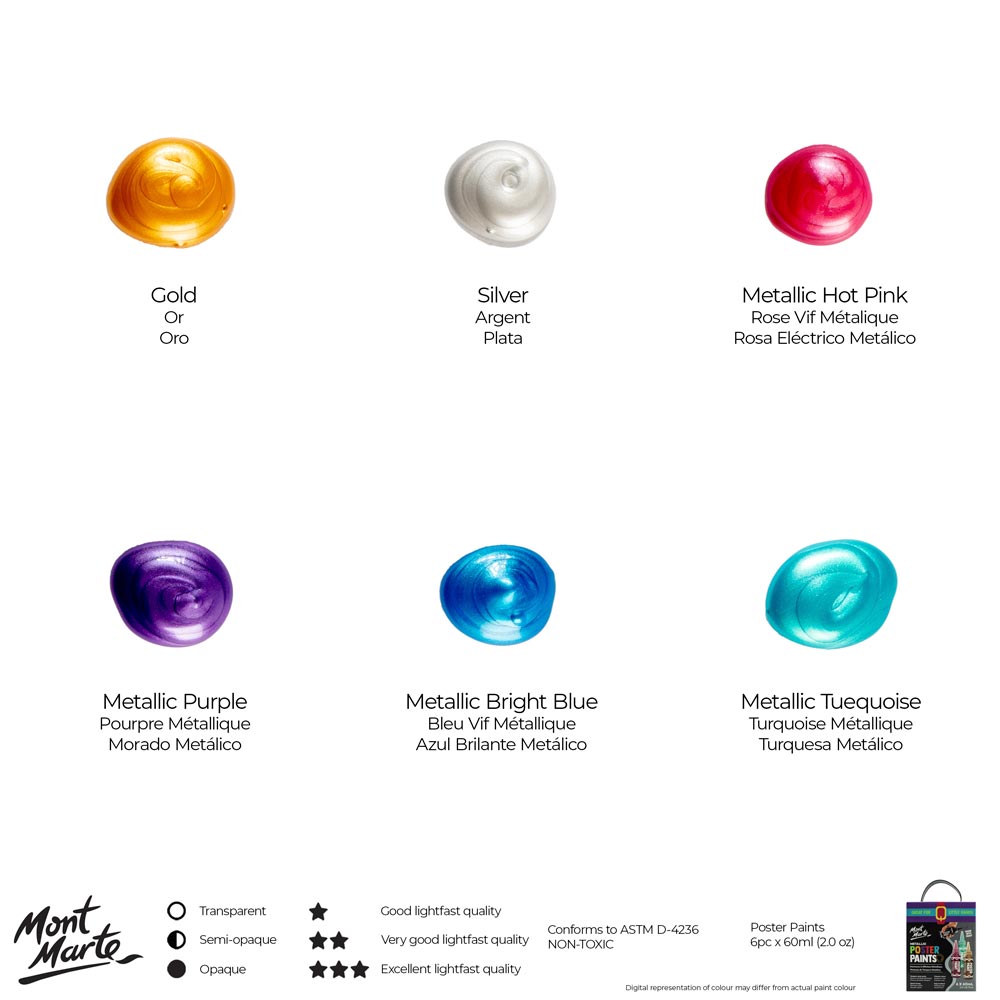 Mont Marte Metallic Poster Paint Set 6pc x 60ml for Crafts, Posters & Display Art